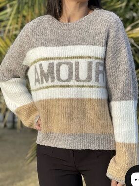 AMOUR Striped Crewneck Sweater - Cream, Tan & Gray